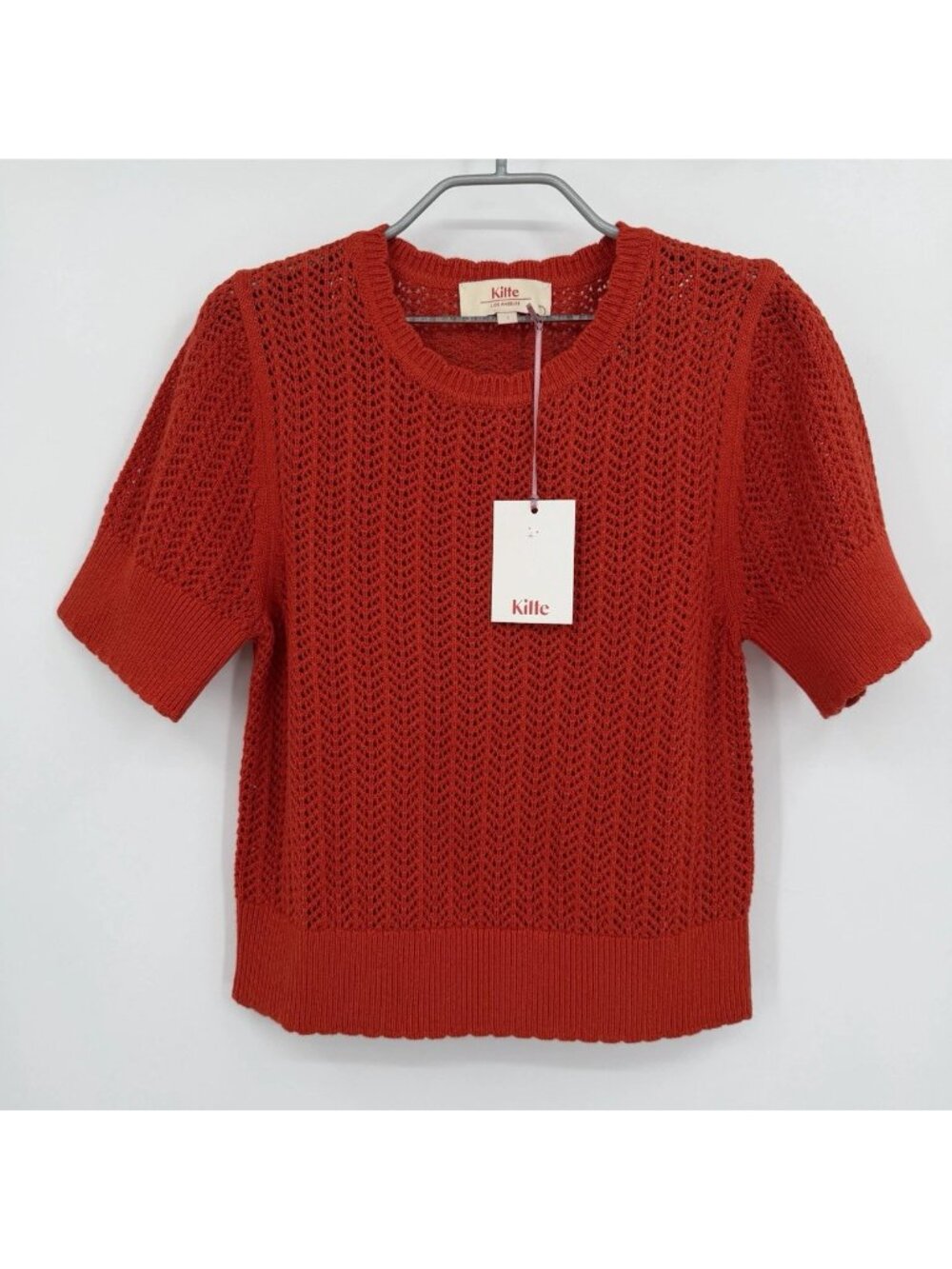 Kilte Collection Nicci Tee in Cherry Red Crochet Knit Cotton-Cashmere 1/S $215
